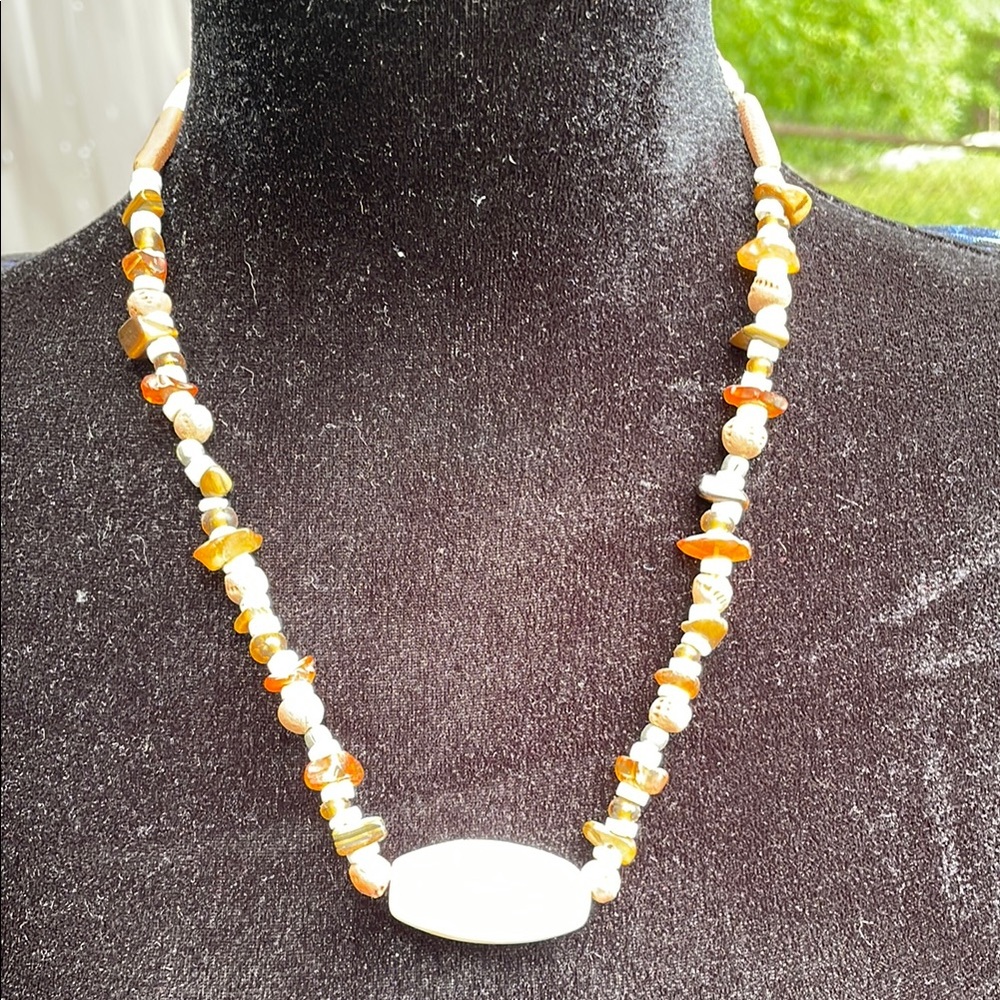 Bohemian White and Brown Beaded Necklace with Focal Pendant